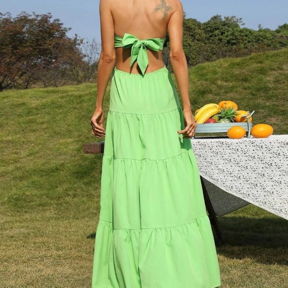 Green Ruffle Hem Tie Backless Maxi Halter Dress - Picture 9 of 9